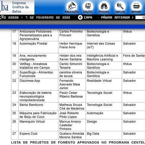 Lista do Diário Oficial com o Bahia Bamburro entre os projetos aprovados no Centelha