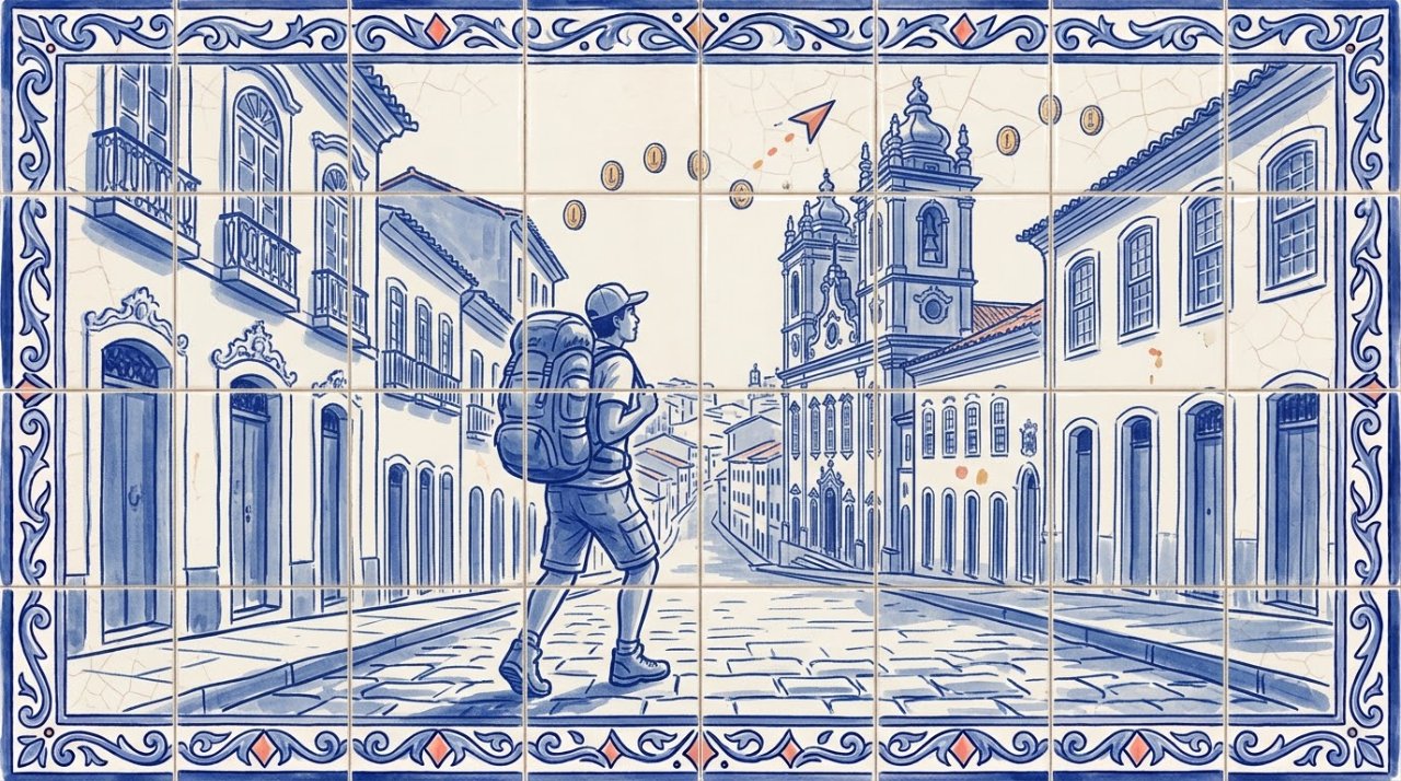 Ilustração em estilo de azulejo de um jovem aventureiro de mochila numa ladeira do Pelourinho, entre casarões e uma igreja barroca, com moedas flutuando no céu
