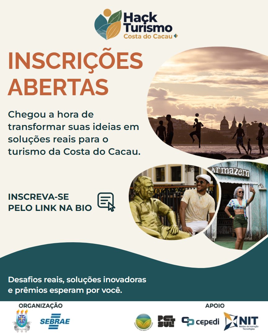 Card de inscrições abertas do Hack Turismo – Costa do Cacau, com fotos de Ilhéus e a logo do evento
