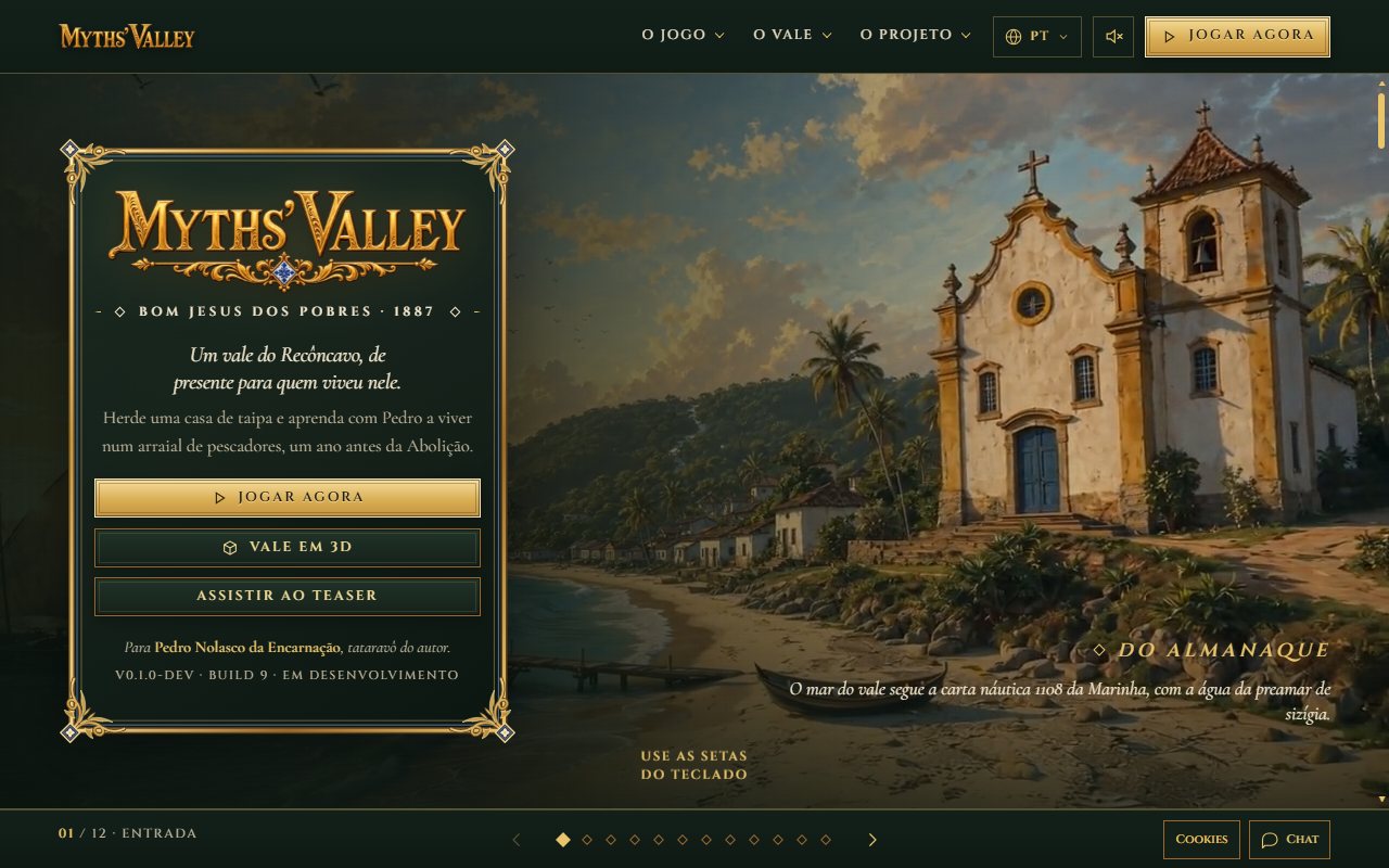 Página de inicio del sitio de Myths’ Valley, con la iglesia del pueblo junto al mar